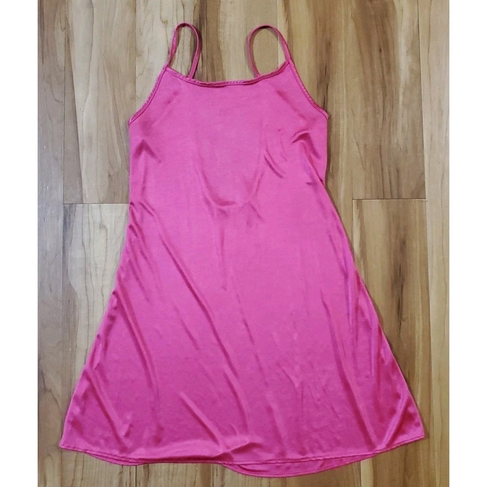 Vtg Romantic Moods Slip Dress S/M Liquid Satin Hot Pink Mini Solid Y2K Barbie
